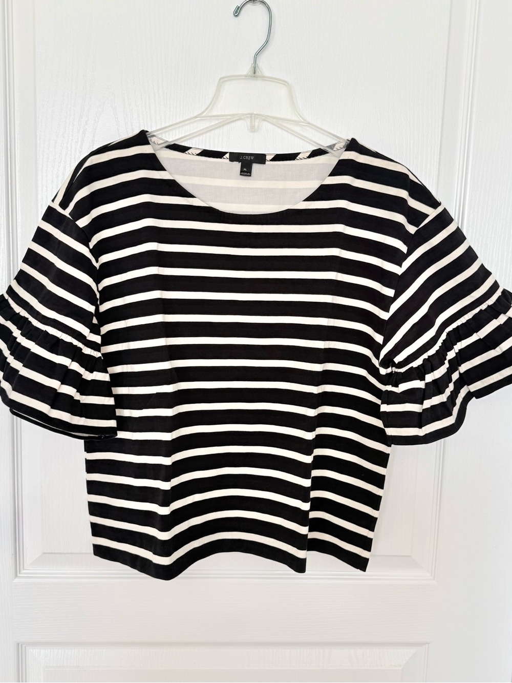 J. Crew Black and Cream Striped Ruffle-Sleeve Top